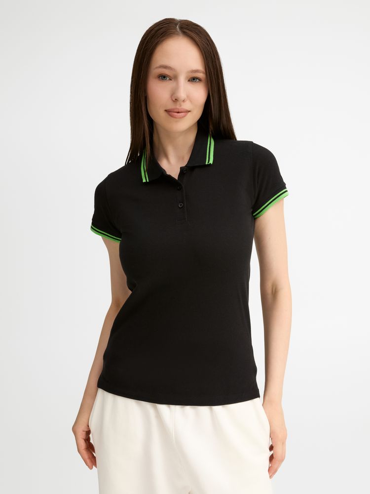 Рубашка поло женская Pasadena Women 200 с контрастной отделкой, черная с зеленым
