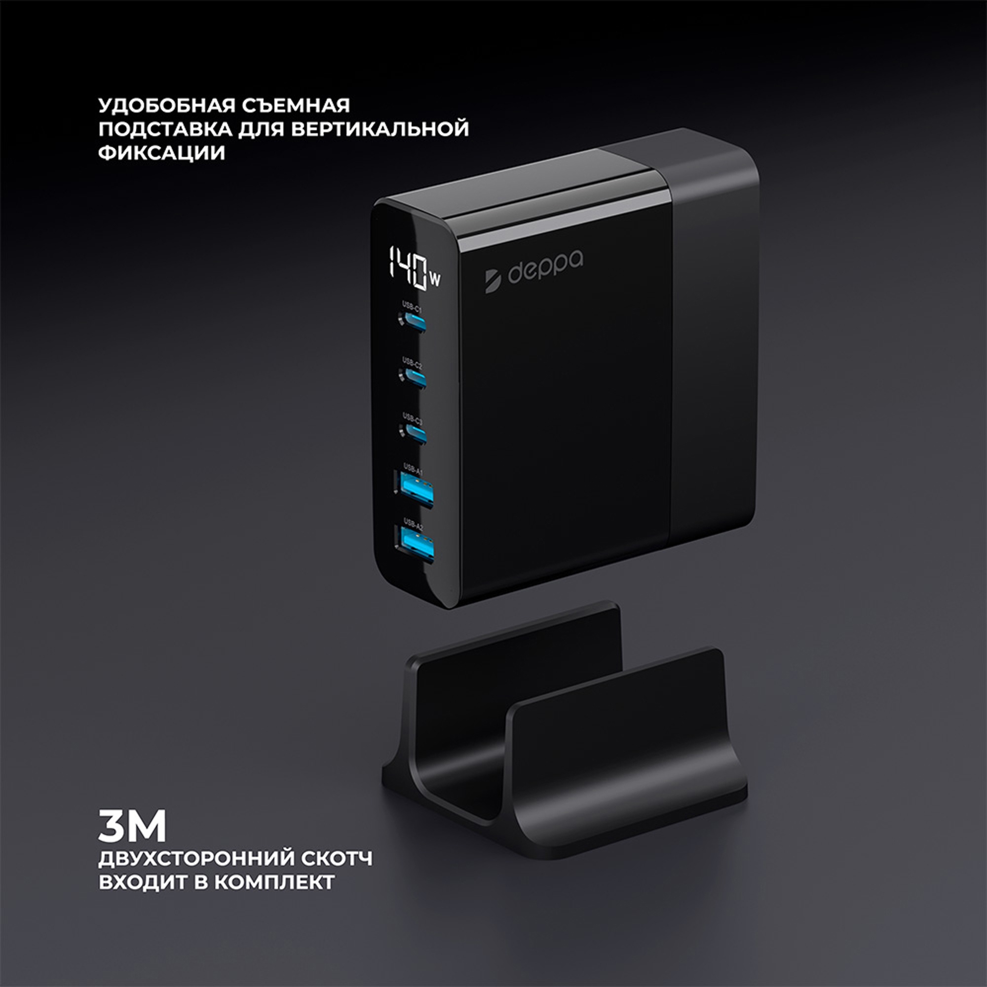 Зарядная станция 3xUSB Type-C, 2xUSB, PD, QC, 140Вт