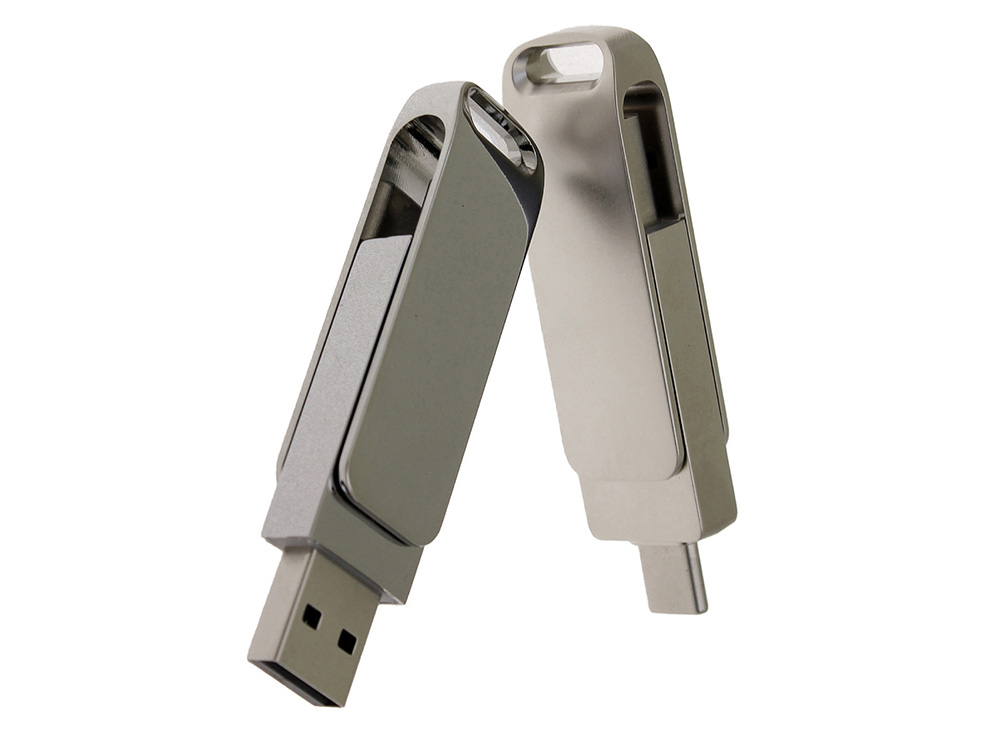 USB-флешка на 64 Гб поворотный механизм 2 в 1, c дополнительным разъемом Type-C с одноцветным металлическим клипом, серебристый