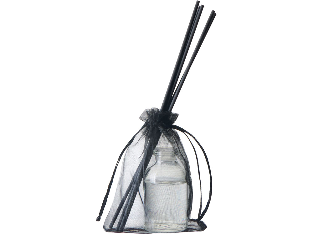 Диффузор с ароматом Табак и ваниль, 30мл, стекло, пробка, палочки 5 шт., мешочек из органзы черный