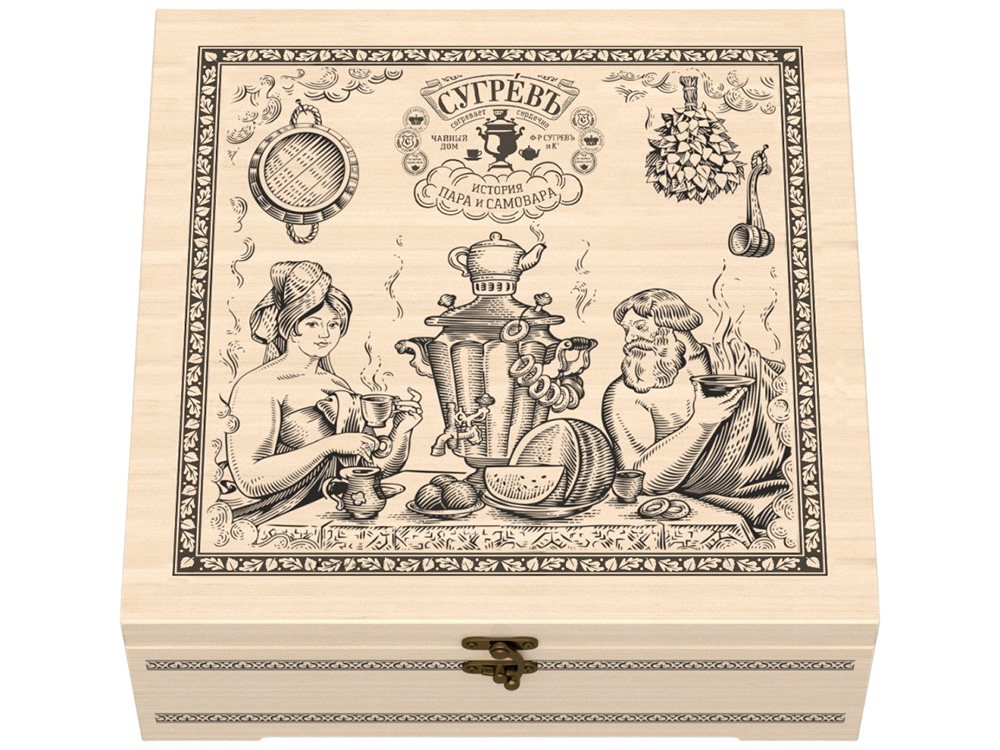 Подарочный набор с чаем и эфирными маслами История пара и самовара в деревянной шкатулке
