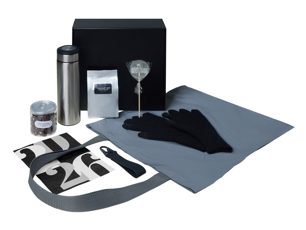 Подарочный набор с перчатками, термосом и чаем, черный