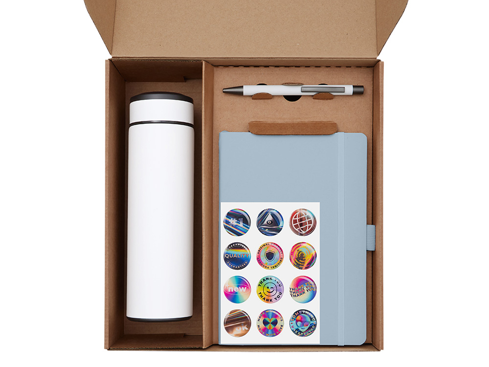 Подарочный набор с термосом, блокнотом, ручкой и чаем, голубой