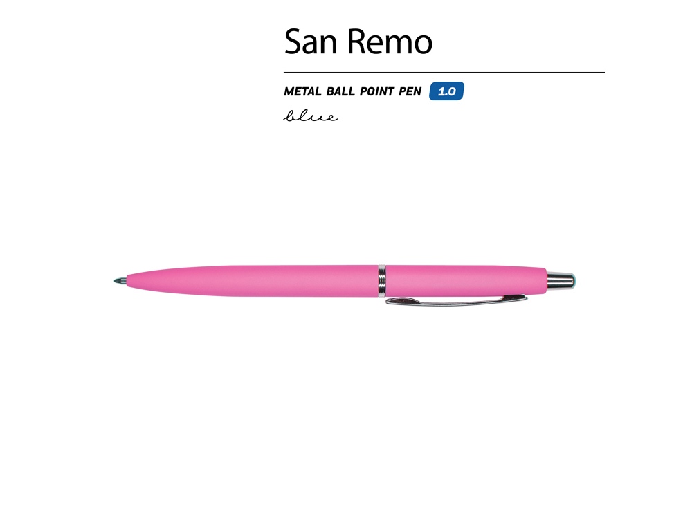 Ручка металлическая шариковая San Remo, софт-тач, 1.0 мм, ярко-розовый