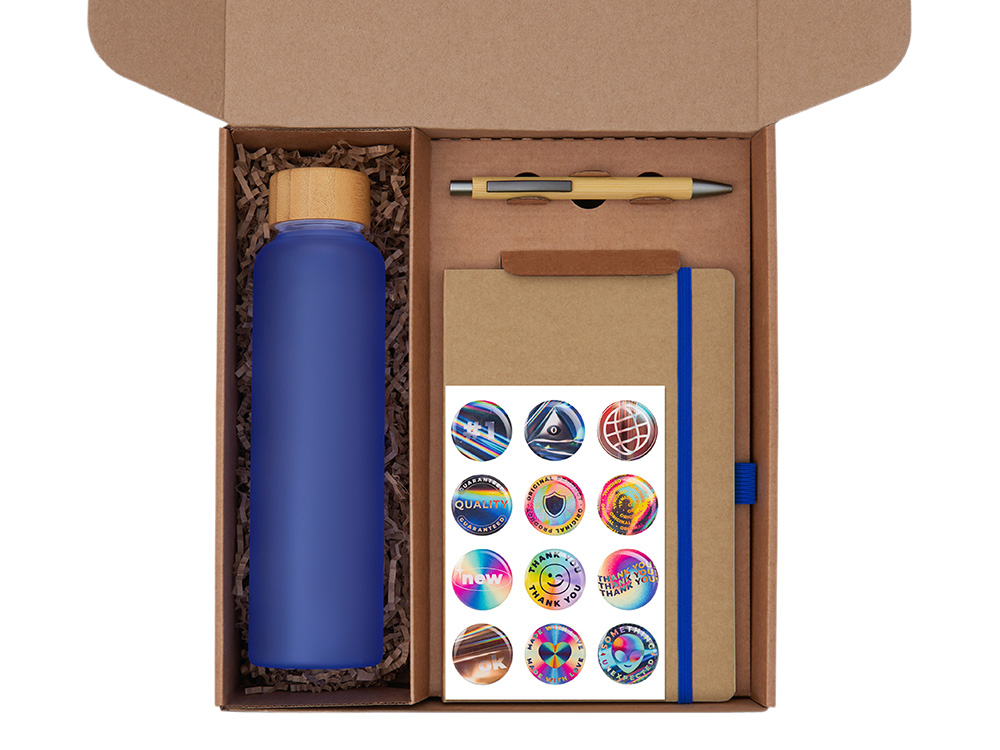 Подарочный набор с бутылкой для воды. блокнотом, ручкой и подставкой для телефона, синий